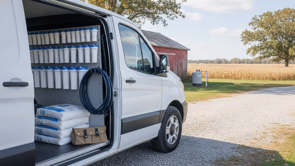 Service van interior with neatly racked filter cartridges and softener salt bags on a gravel farm drive