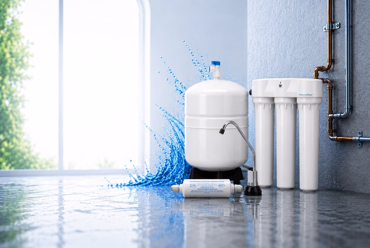 Water treatment equipment beside a bright window with a splash of clear water
