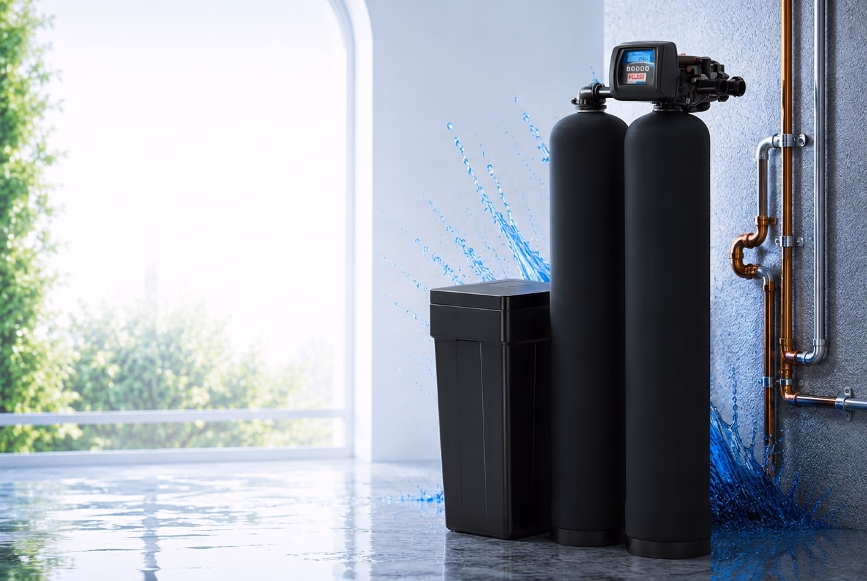 Water treatment equipment beside a bright window with a splash of clear water
