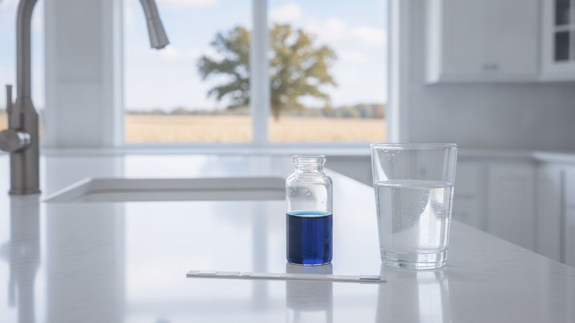 Hardness test strip and titration vial with blue-to-clear water on a kitchen counter