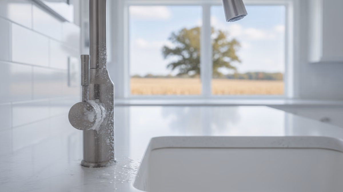 Chrome faucet base with white mineral crust in raking side light
