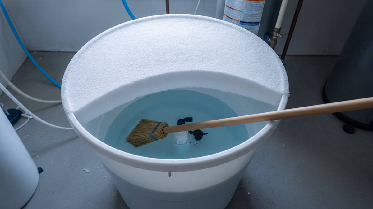 Brine tank seen from above with a hard salt crust bridged across it