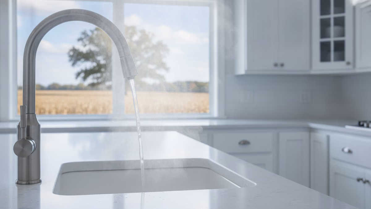 Steam rising from a running hot-water tap in a farmhouse bathroom