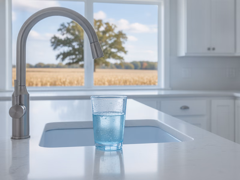 Clear glass of tap water on a counter with a faint pool-blue cast