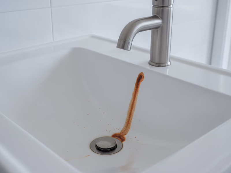 White porcelain sink with a faint orange-rust iron stain ringing the drain
