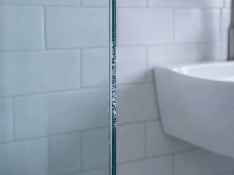Chrome faucet base and glass shower door with white mineral scale and water spots