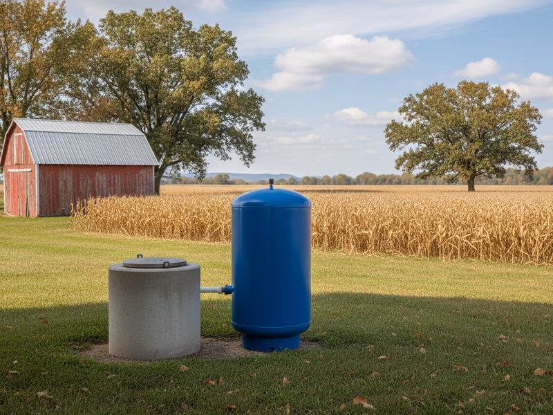 Residential well cap and blue pressure tank beside a machine shed on an eastern-Iowa acreage