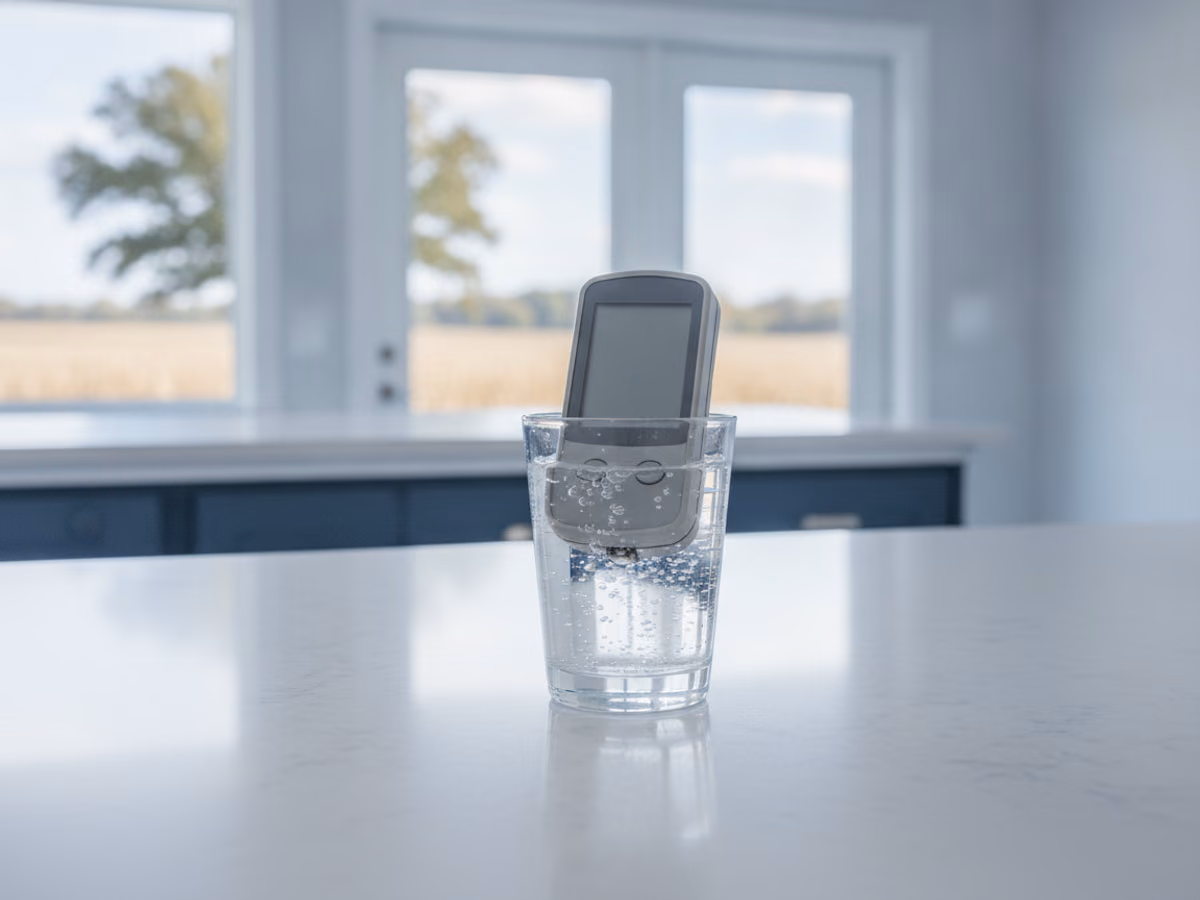Handheld TDS meter resting in a glass of water