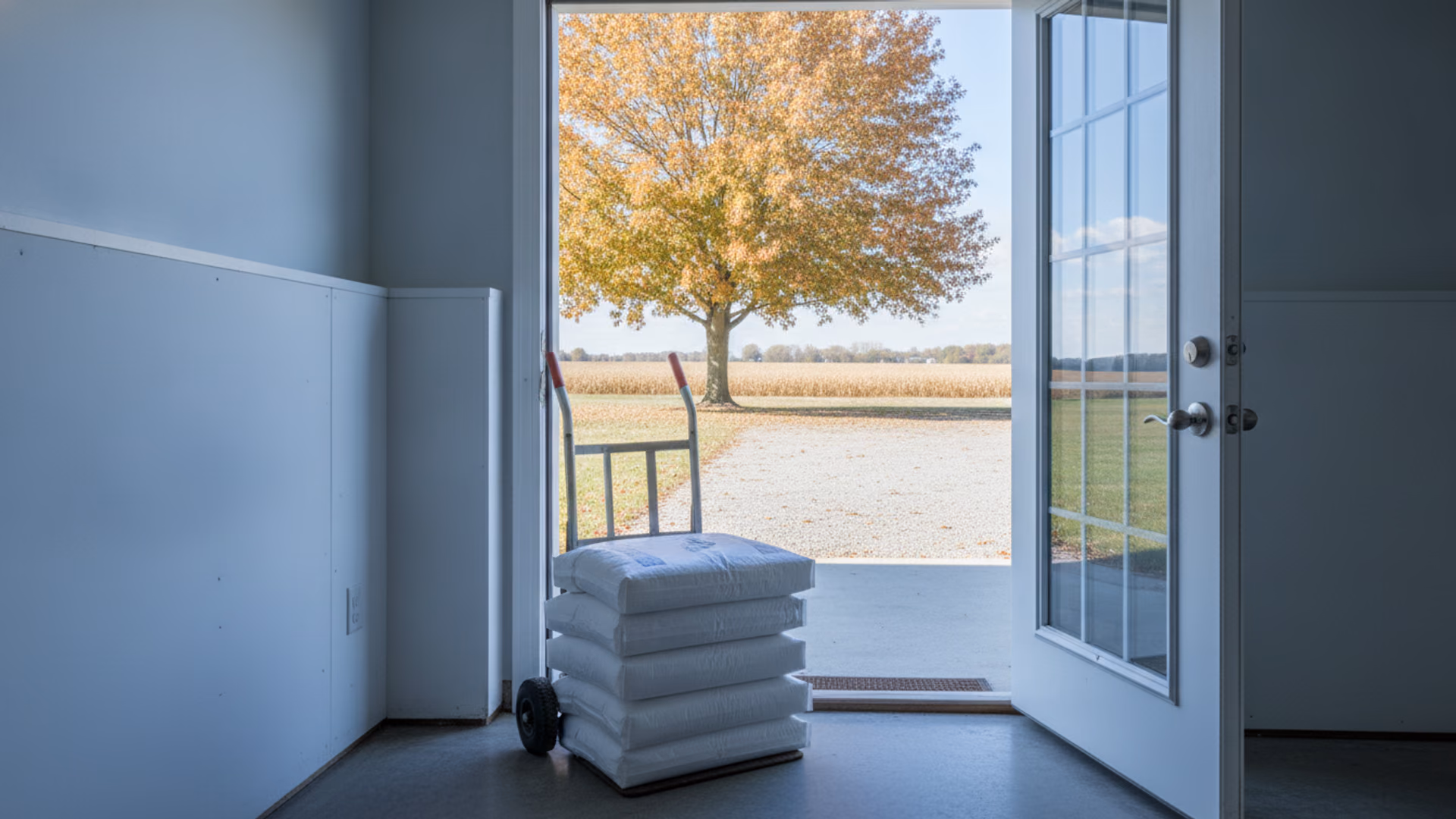 Stacked unlettered bags of water softener salt on a hand truck at a basement door